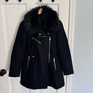 Zara Biker Coat Jacket with Faux Fur Collar in black sz M